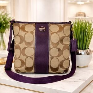 Coach F21905 Purple Khaki Signature Stripe Duffle Fabric Crossbody Shoulder Bag